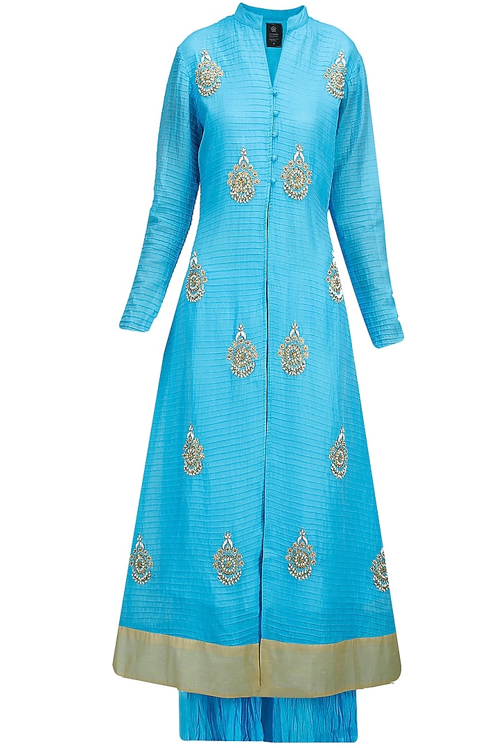 Blue embroidered pintucks kurta with crushed skirt by Sonali Gupta