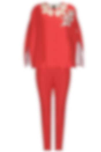 Red floral dabka and pearl work cape and pants set available only at Pernia's Pop Up Shop.