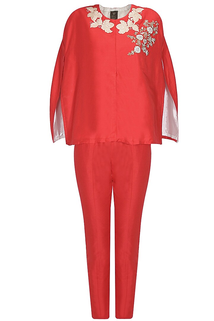 Red floral dabka and pearl work cape and pants set available only at Pernia's Pop Up Shop.
