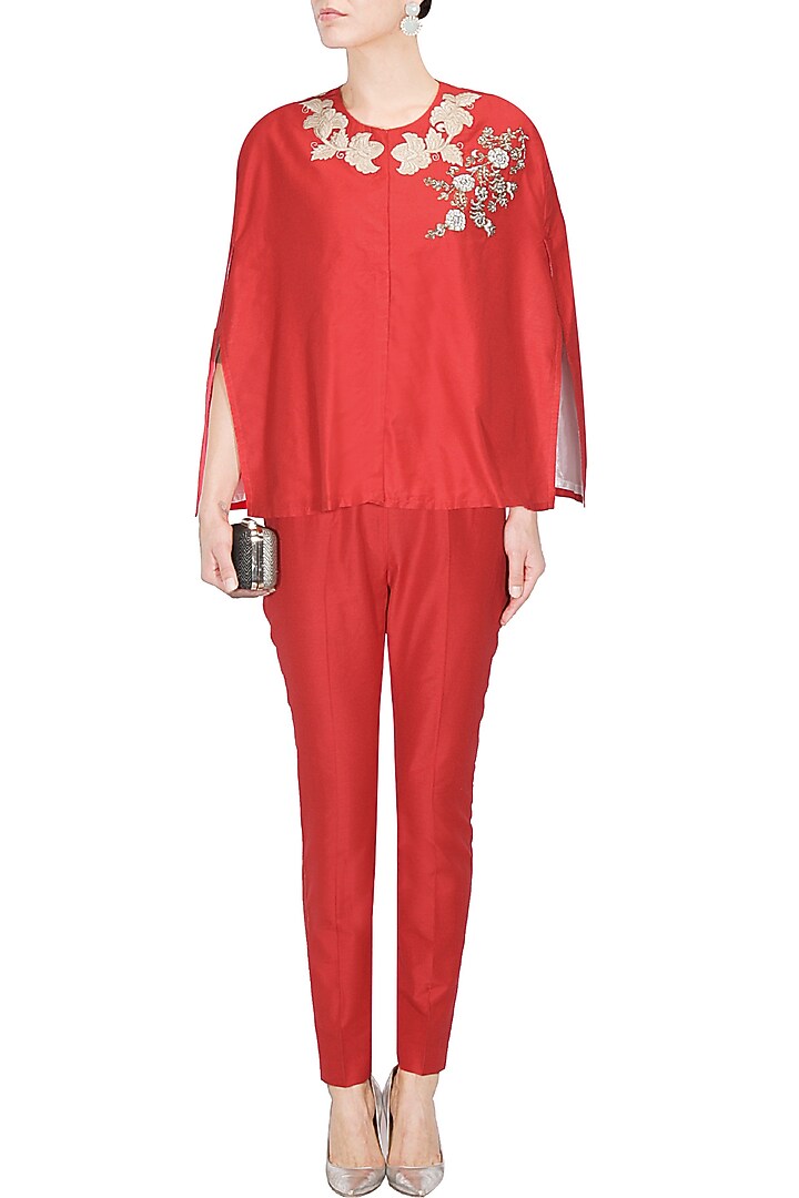 Red floral dabka and pearl work cape and pants set available only at Pernia's Pop Up Shop.