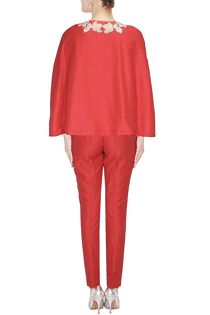 Red floral dabka and pearl work cape and pants set available only at Pernia's Pop Up Shop.