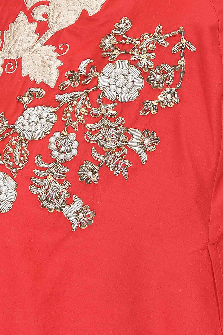 Red floral dabka and pearl work cape and pants set available only at Pernia's Pop Up Shop.