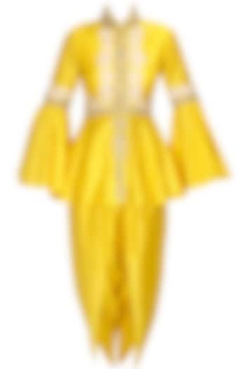 Yellow floral dabka and pearl work peplum cape and dhoti pants set available only at Pernia's Pop Up Shop.