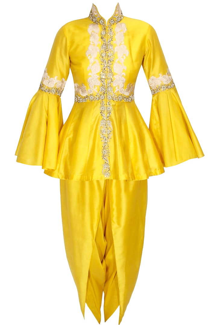 Yellow floral dabka and pearl work peplum cape and dhoti pants set available only at Pernia's Pop Up Shop.