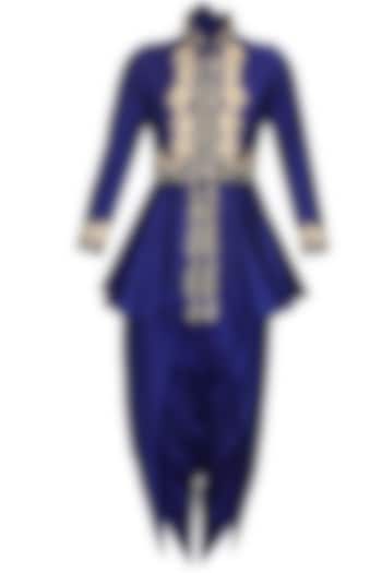 Blue floral dabka and pearl work peplum cape and dhoti pants set available only at Pernia's Pop Up Shop.