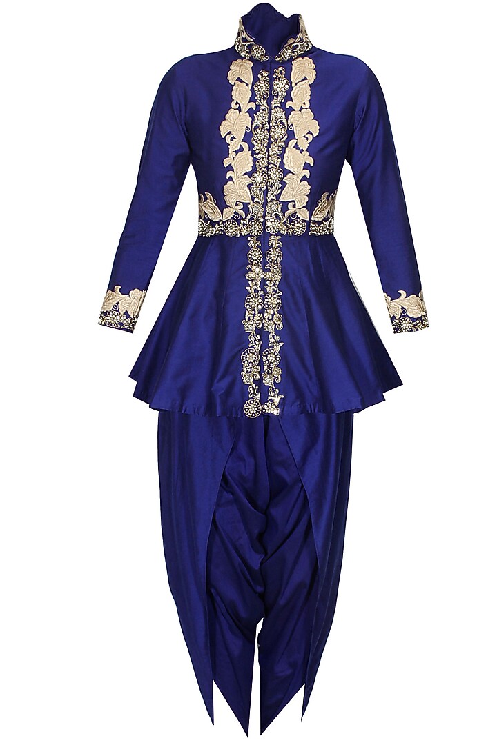 Blue floral dabka and pearl work peplum cape and dhoti pants set available only at Pernia's Pop Up Shop.