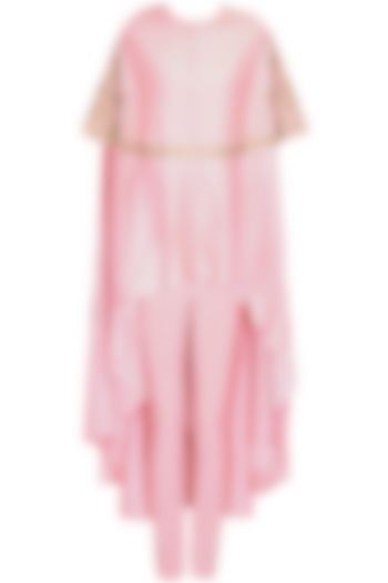 Peach floral dabka and pearl work high low kaftan and pants set available only at Pernia's Pop Up Shop.