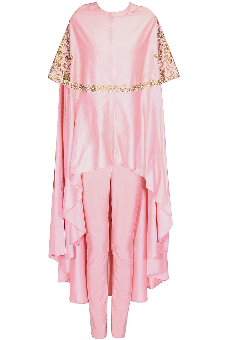 Peach floral dabka and pearl work high low kaftan and pants set available only at Pernia's Pop Up Shop.