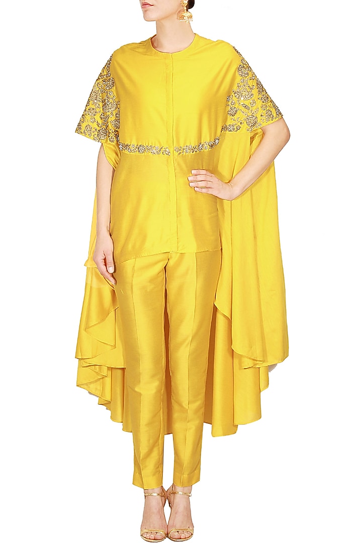 Yellow floral dabka and pearl work high low kaftan and pants set available only at Pernia's Pop Up Shop.