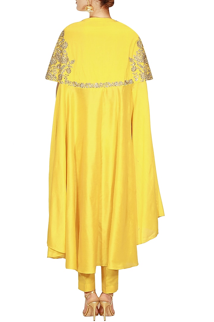 Yellow floral dabka and pearl work high low kaftan and pants set available only at Pernia's Pop Up Shop.