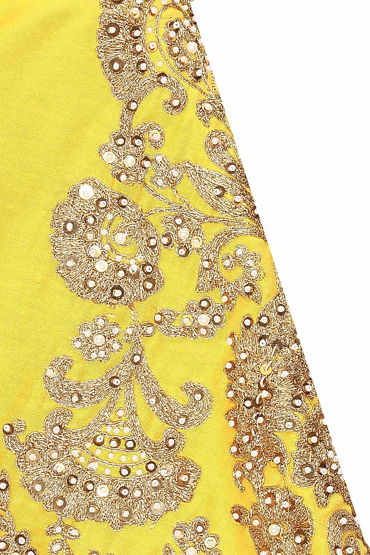 Yellow floral dabka and pearl work high low kaftan and pants set available only at Pernia's Pop Up Shop.