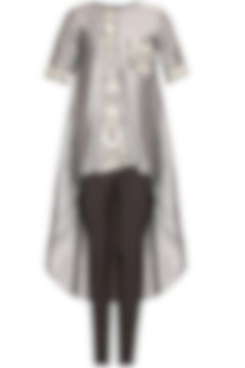 Grey floral dabka and pearl work high low tunic with black pants available only at Pernia's Pop Up Shop.
