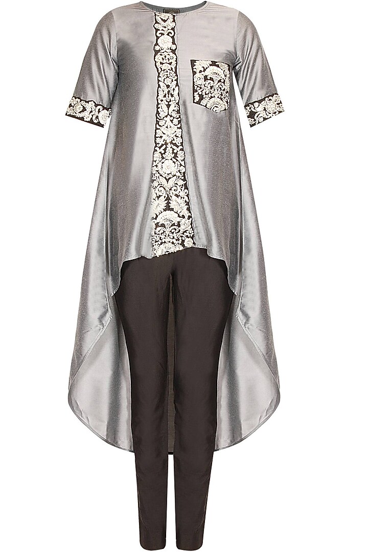Grey floral dabka and pearl work high low tunic with black pants available only at Pernia's Pop Up Shop.