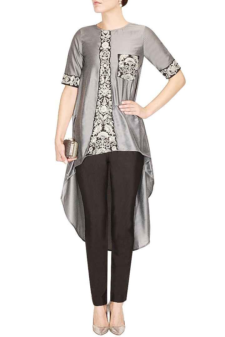 Grey floral dabka and pearl work high low tunic with black pants available only at Pernia's Pop Up Shop.