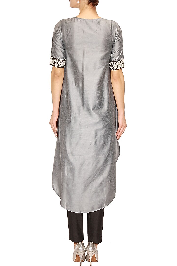 Grey floral dabka and pearl work high low tunic with black pants available only at Pernia's Pop Up Shop.