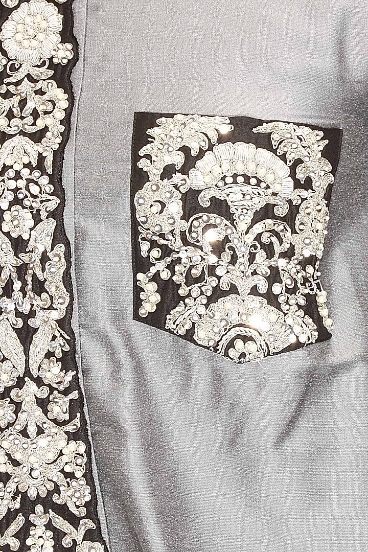 Grey floral dabka and pearl work high low tunic with black pants available only at Pernia's Pop Up Shop.