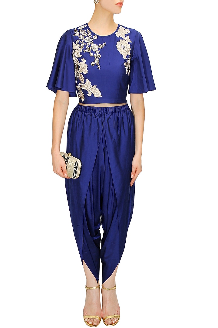 Blue dabka embroidered crop top with draped dhoti pants available only at Pernia's Pop-Up Shop.