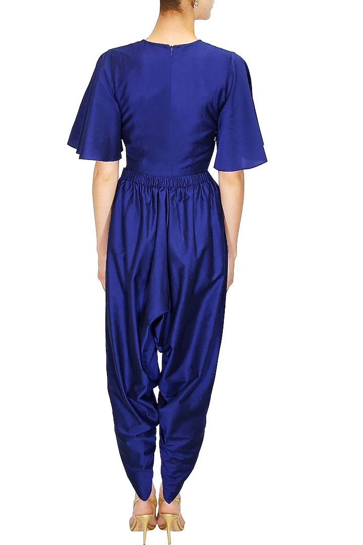 Blue dabka embroidered crop top with draped dhoti pants available only at Pernia's Pop-Up Shop.