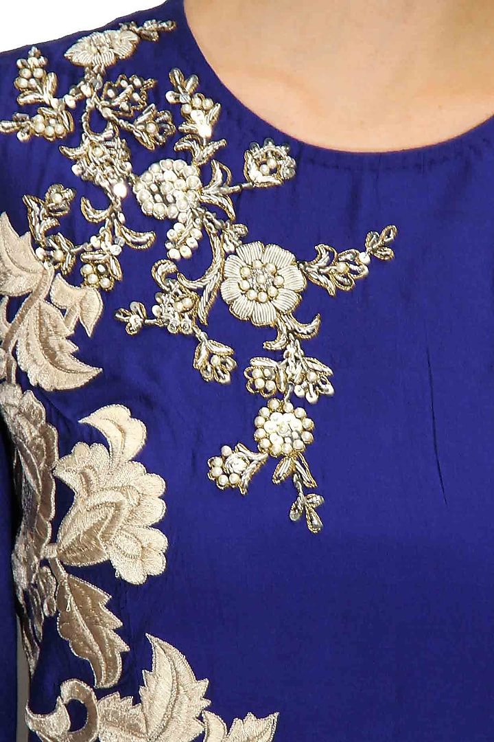 Blue dabka embroidered crop top with draped dhoti pants available only at Pernia's Pop-Up Shop.