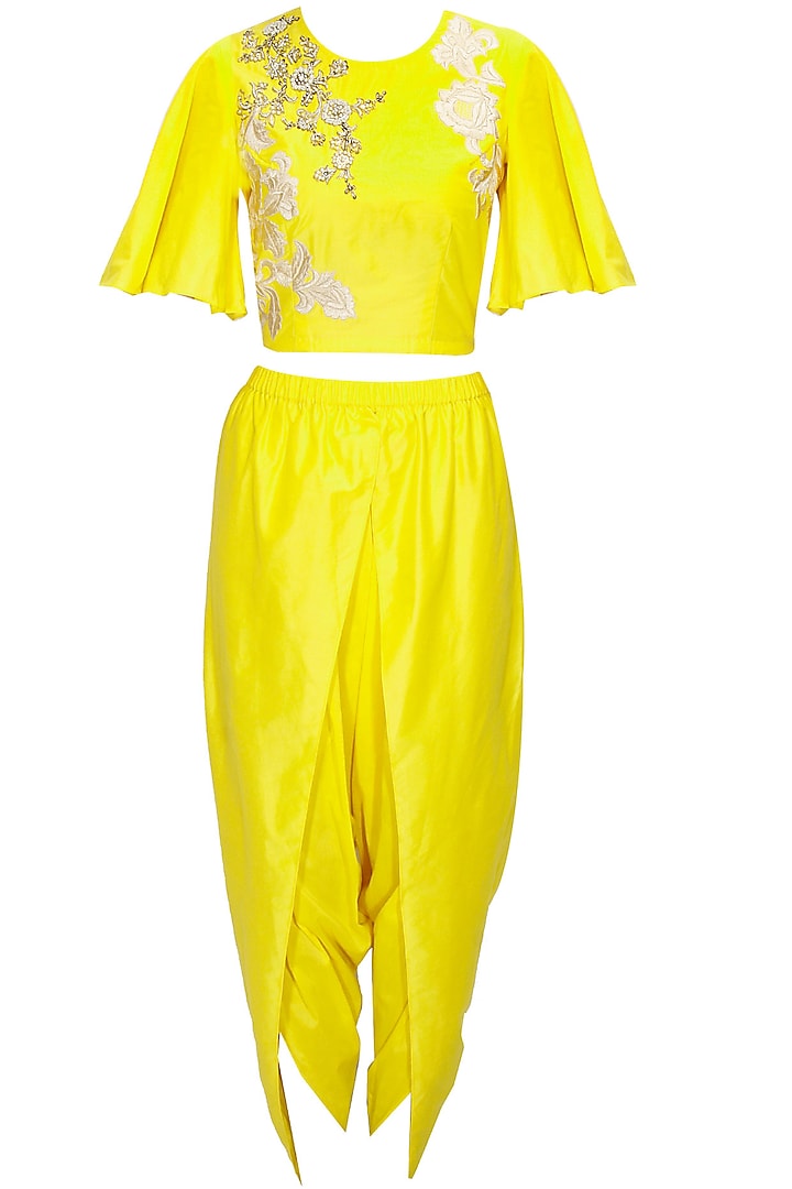 Yellow dabka embroidered crop top with draped dhoti pants by Sonali Gupta