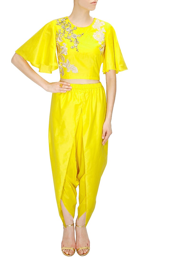 Yellow dabka embroidered crop top with draped dhoti pants available only at Pernia's Pop-Up Shop.