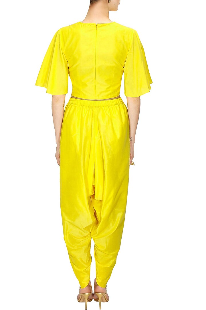 Yellow dabka embroidered crop top with draped dhoti pants available only at Pernia's Pop-Up Shop.