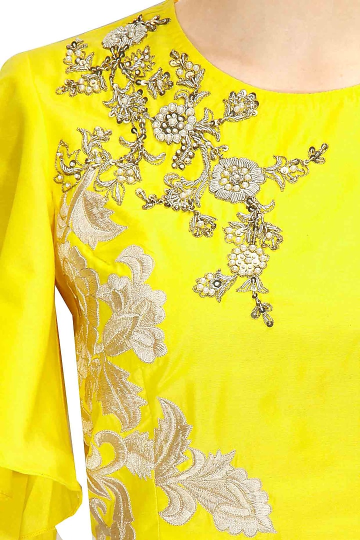 Yellow dabka embroidered crop top with draped dhoti pants available only at Pernia's Pop-Up Shop.
