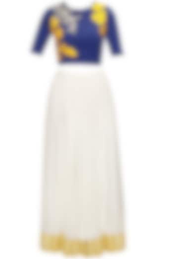 Blue dabka embroidered crop top with white long skirt by Sonali Gupta