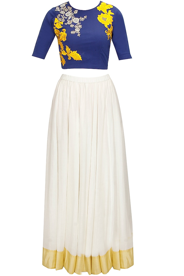 Blue dabka embroidered crop top with white long skirt available only at Pernia's Pop-Up Shop.