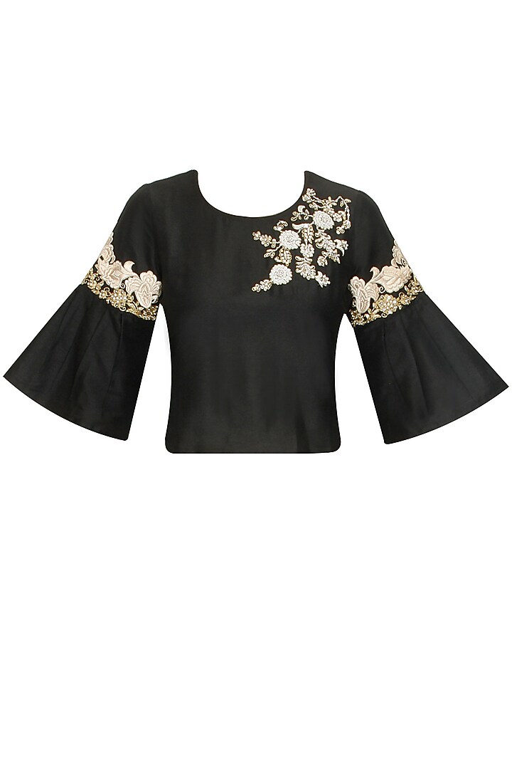 Black floral pearl and dabka embroidered crop top available only at Pernia's Pop Up Shop.