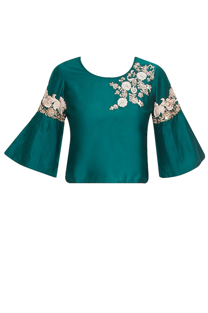 Green floral pearl and dabka embroidered crop top available only at Pernia's Pop Up Shop.