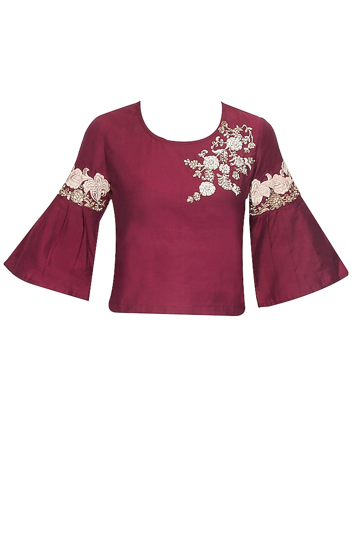 Maroon floral pearl and dabka embroidered crop top available only at Pernia's Pop Up Shop.