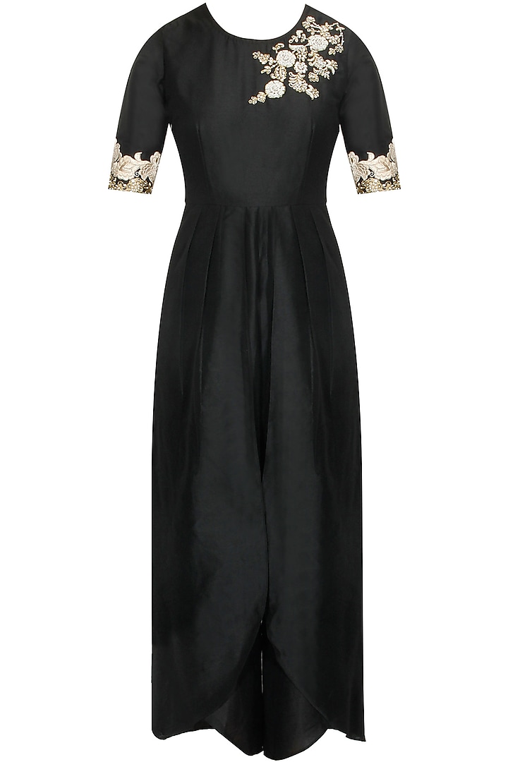 Black floral dabka embroidered jumpsuit available only at Pernia's Pop Up Shop.