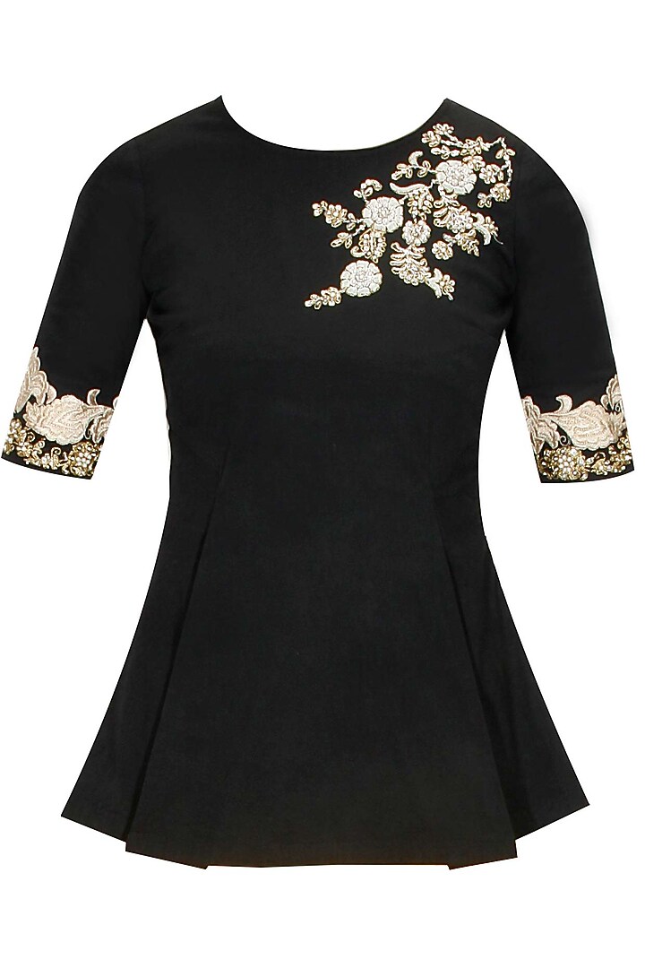 Black floral pearl and dabka embroidered peplum blouse available only at Pernia's Pop Up Shop.