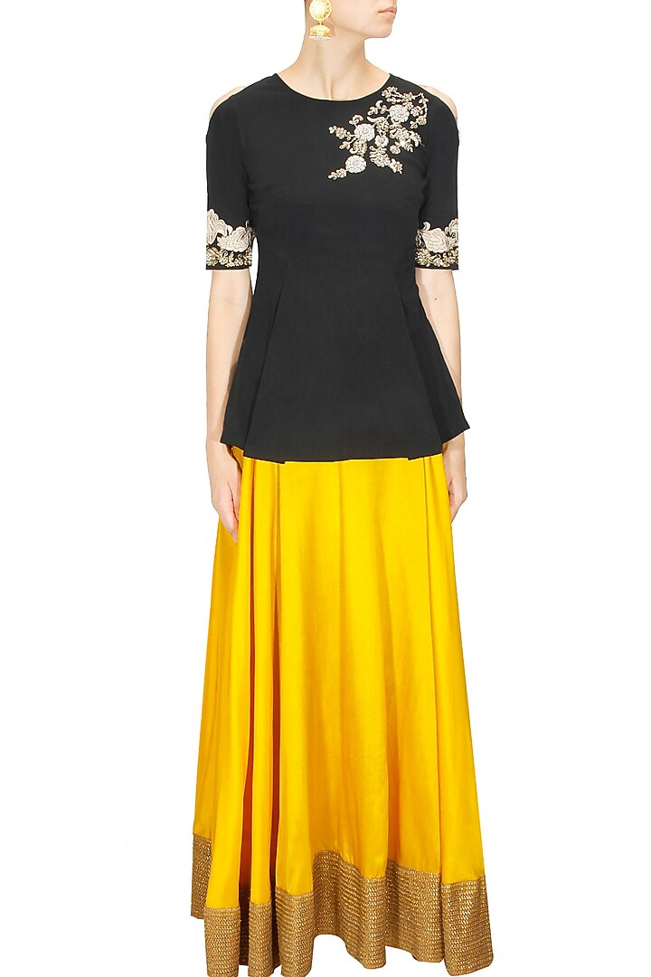 Black floral pearl and dabka embroidered peplum blouse available only at Pernia's Pop Up Shop.