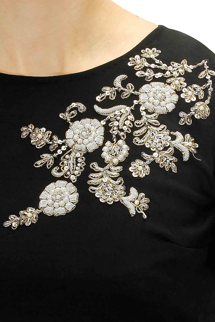 Black floral pearl and dabka embroidered peplum blouse available only at Pernia's Pop Up Shop.
