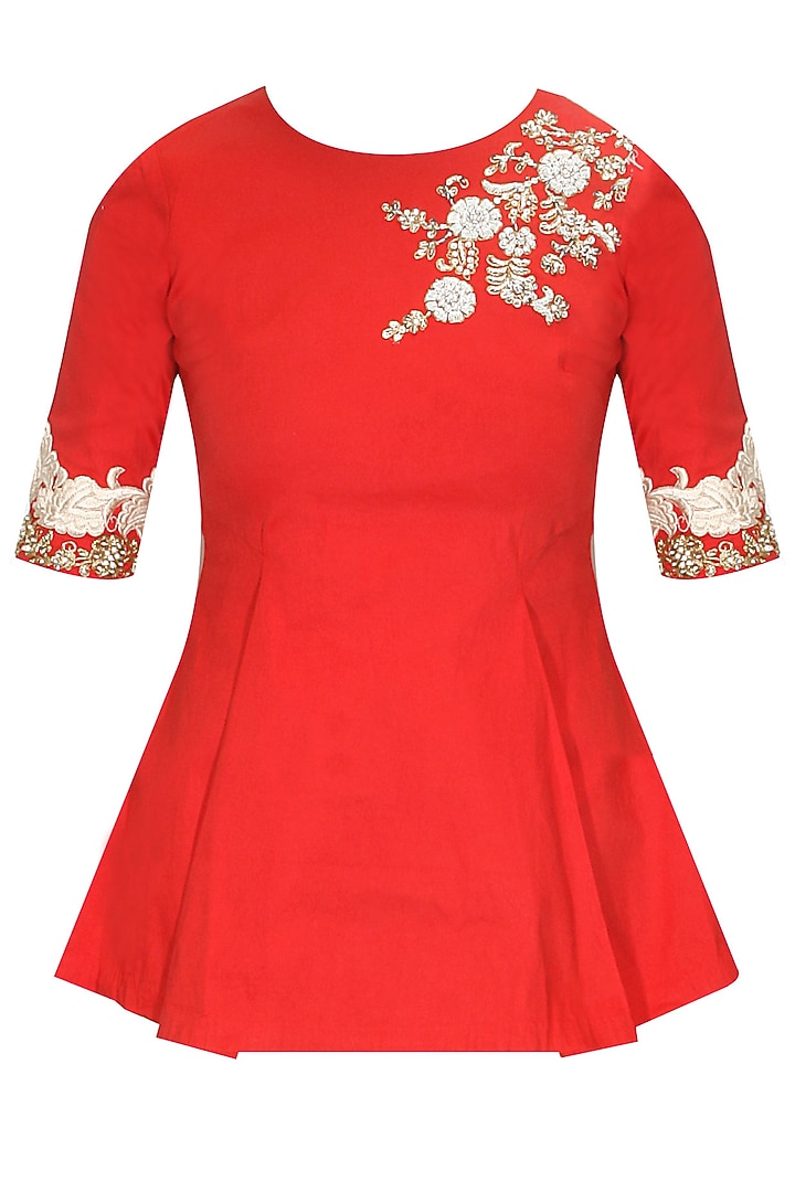 Red floral pearl and dabka embroidered peplum blouse available only at Pernia's Pop Up Shop.