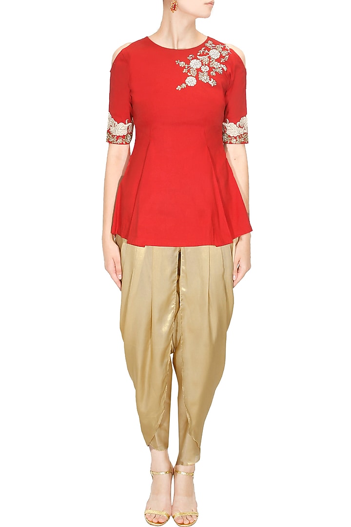 Red floral pearl and dabka embroidered peplum blouse available only at Pernia's Pop Up Shop.