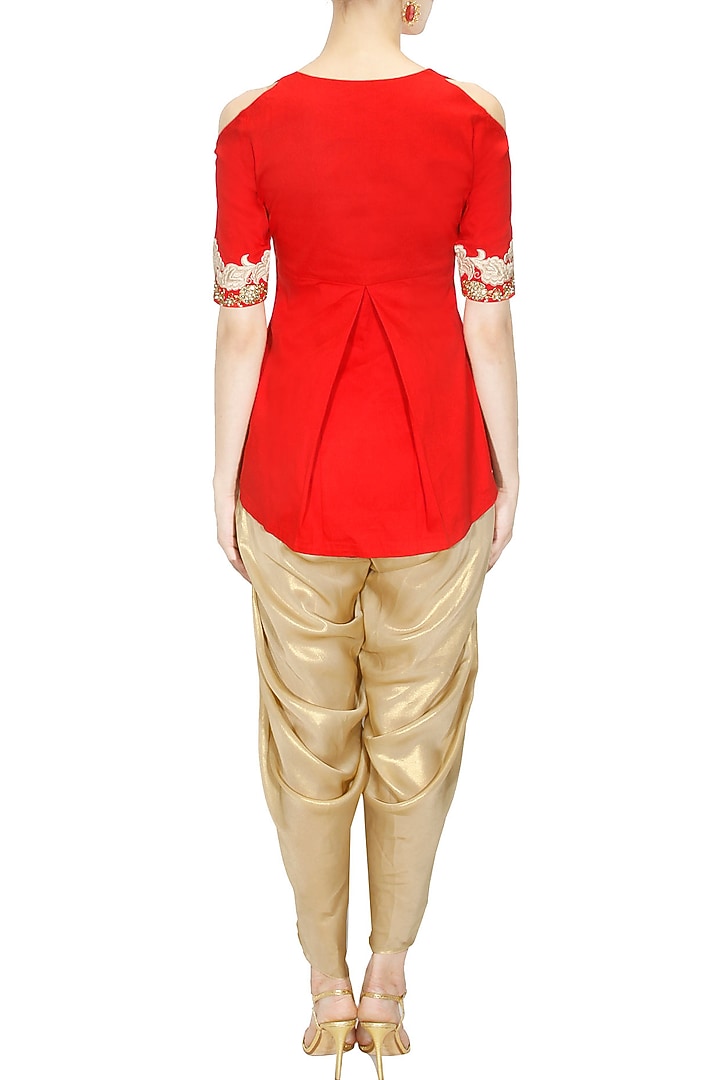 Red floral pearl and dabka embroidered peplum blouse available only at Pernia's Pop Up Shop.