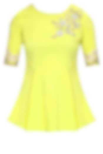 Yellow floral pearl and dabka embroidered peplum blouse available only at Pernia's Pop Up Shop.