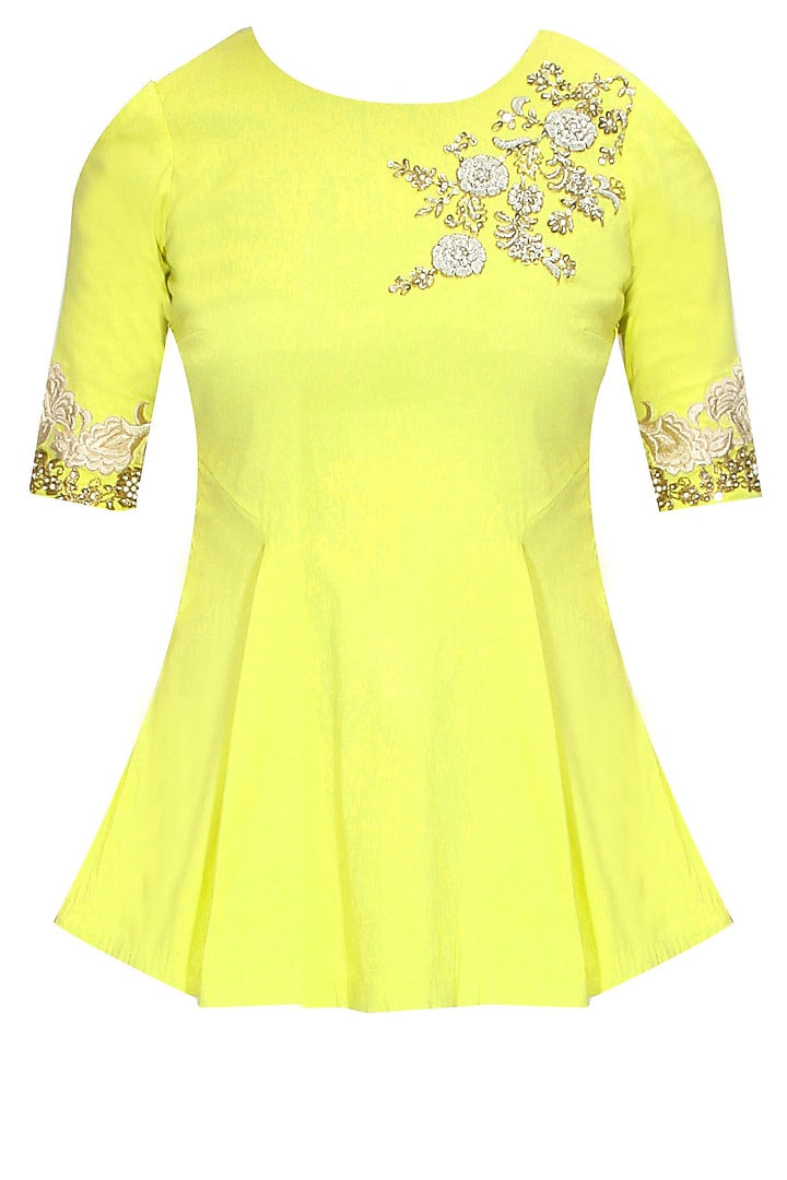 Yellow floral pearl and dabka embroidered peplum blouse available only at Pernia's Pop Up Shop.
