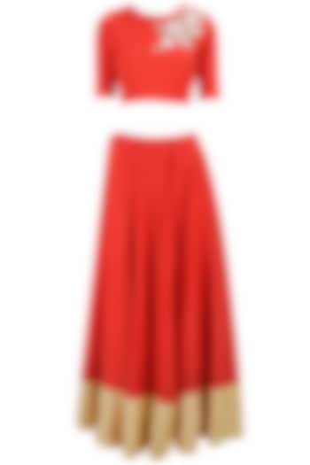 Red dabka embroidered lehenga set available only at Pernia's Pop-Up Shop.