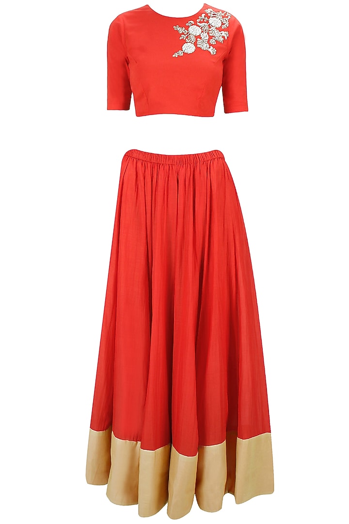 Red dabka embroidered lehenga set available only at Pernia's Pop-Up Shop.