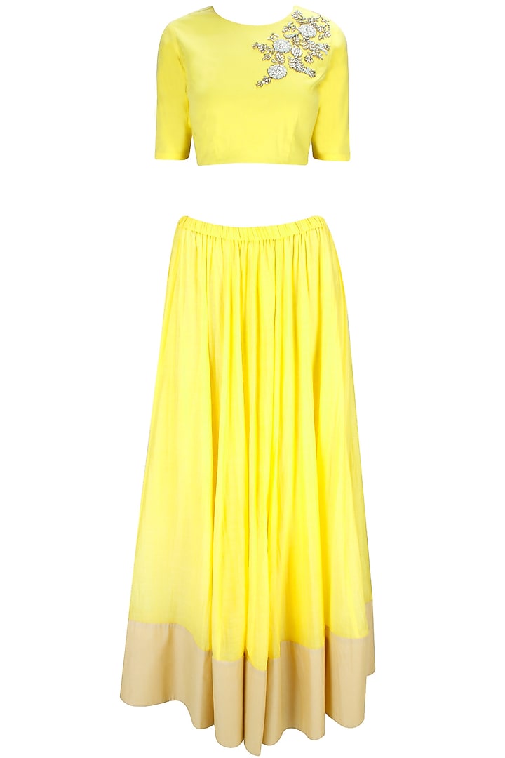Yellow dabka embroidered lehenga set available only at Pernia's Pop-Up Shop.