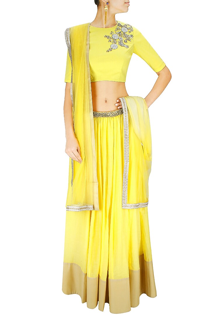 Yellow dabka embroidered lehenga set available only at Pernia's Pop-Up Shop.