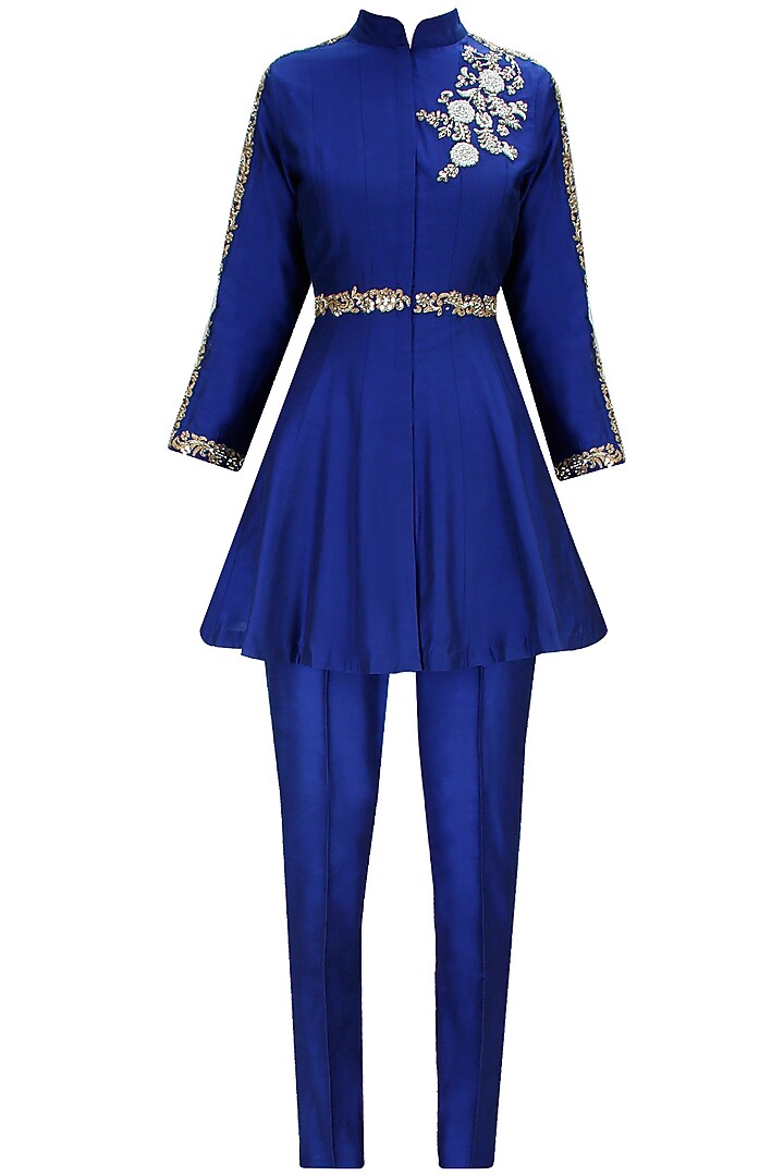 Blue dabka embroidered flared kurta set available only at Pernia's Pop-Up Shop.