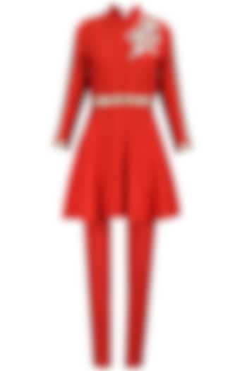 Red dabka embroidered flared kurta set available only at Pernia's Pop-Up Shop.