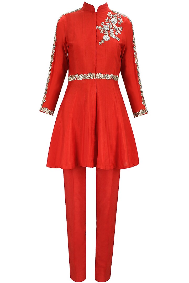 Red dabka embroidered flared kurta set available only at Pernia's Pop-Up Shop.