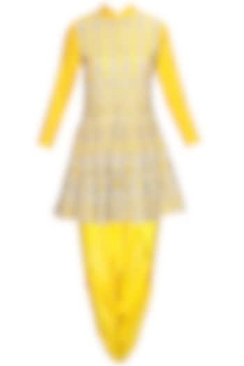 Yellow dabka hand-embroidered flared kurta with dhoti pants available only at Pernia's Pop-Up Shop.