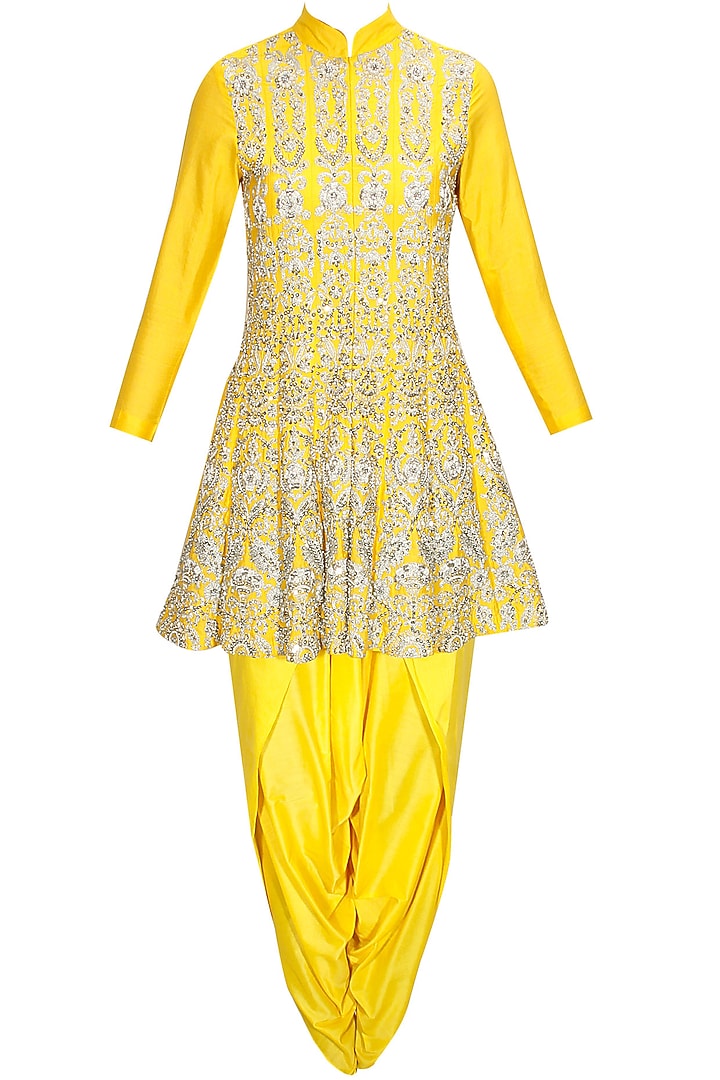 Yellow dabka hand-embroidered flared kurta with dhoti pants available only at Pernia's Pop-Up Shop.